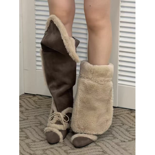 牛皮版2026冬季新款加絨加厚毛毛靴雪地靴女小衆坡跟兩穿過膝長靴