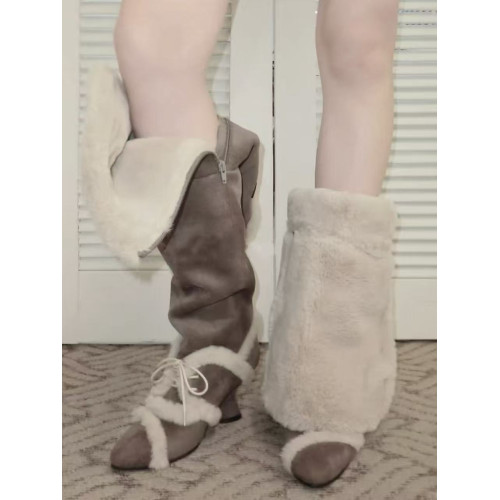 牛皮版2026冬季新款加絨加厚毛毛靴雪地靴女小衆坡跟兩穿過膝長靴