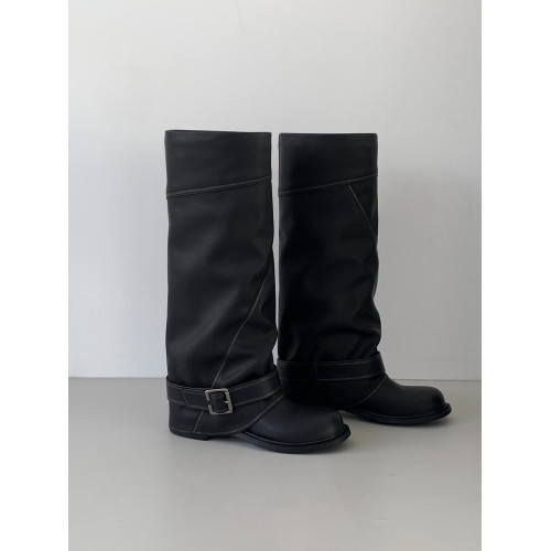 牛皮版~韓國小衆寬口顯瘦高筒褲琯靴女皮帶釦西部長靴拼接長筒靴 牛皮版~韓國小衆寬口顯瘦高筒褲琯靴女皮帶釦西部長靴拼接長筒靴