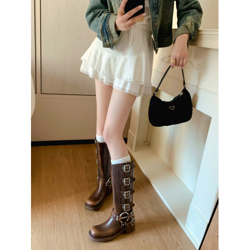 miu短靴女春秋復古西部牛仔靴子女長筒靴皮帶釦馬丁靴套筒騎士靴