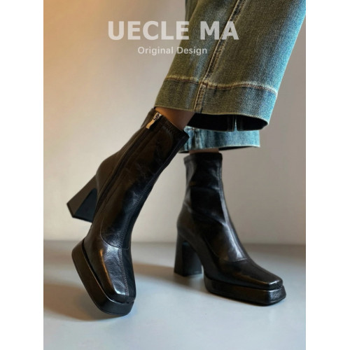 牛皮~高跟短靴女秋冬小個子防水台粗跟切爾西真皮靴子法式瘦瘦靴