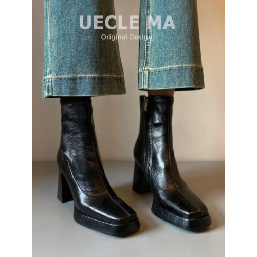 牛皮~高跟短靴女秋冬小個子防水台粗跟切爾西真皮靴子法式瘦瘦靴