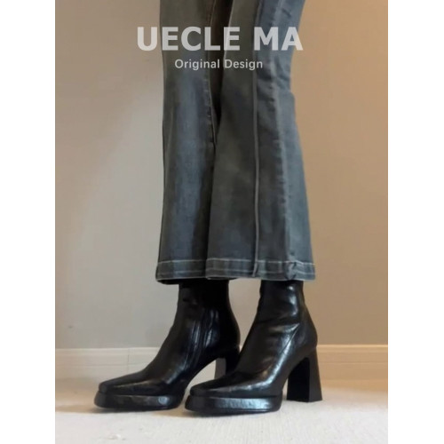 牛皮~高跟短靴女秋冬小個子防水台粗跟切爾西真皮靴子法式瘦瘦靴