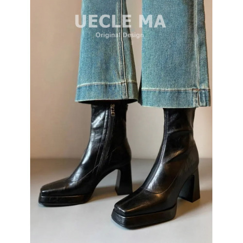 牛皮~高跟短靴女秋冬小個子防水台粗跟切爾西真皮靴子法式瘦瘦靴