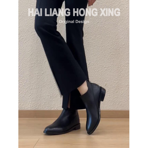 羊皮版~粗跟小短靴女新款復古英倫風黑色百搭切爾西馬丁靴及踝靴