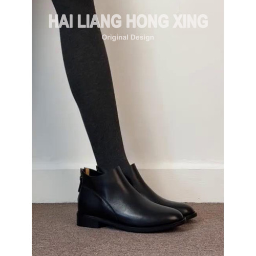 羊皮版~粗跟小短靴女新款復古英倫風黑色百搭切爾西馬丁靴及踝靴