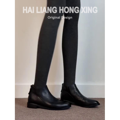 羊皮版~粗跟小短靴女新款復古英倫風黑色百搭切爾西馬丁靴及踝靴