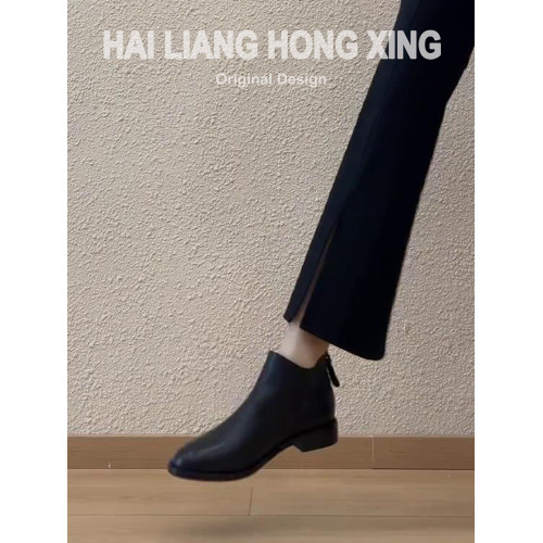 羊皮版~粗跟小短靴女新款復古英倫風黑色百搭切爾西馬丁靴及踝靴