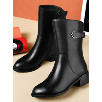 2024秋冬新款真皮粗跟短靴女平底中筒靴厚底馬丁靴百搭女靴子加絨