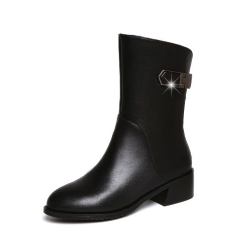 2024秋冬新款真皮粗跟短靴女平底中筒靴厚底馬丁靴百搭女靴子加絨