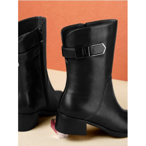 2024秋冬新款真皮粗跟短靴女平底中筒靴厚底馬丁靴百搭女靴子加絨