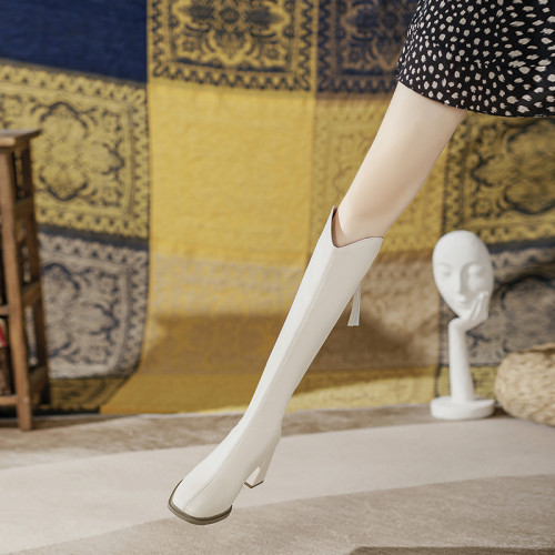 2025新款彈力方頭粗跟V口長筒靴女後拉鍊顯瘦不過膝高筒騎士長靴