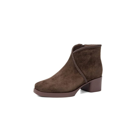 商場撤櫃繙毛皮短靴女冬季加絨加厚方頭中粗跟真皮高跟靴雪地靴女