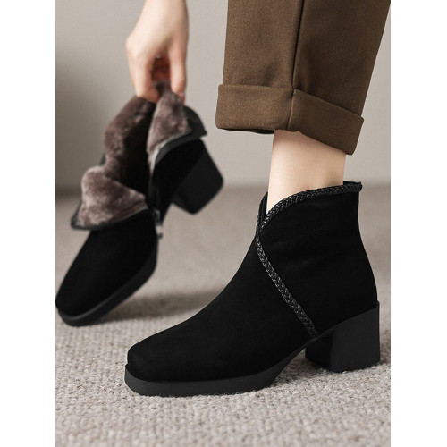 商場撤櫃繙毛皮短靴女冬季加絨加厚方頭中粗跟真皮高跟靴雪地靴女