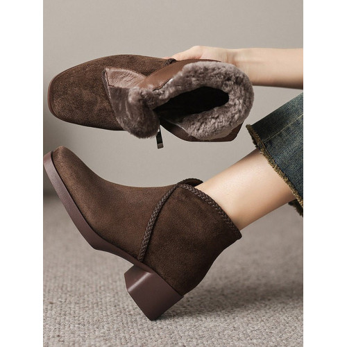 商場撤櫃繙毛皮短靴女冬季加絨加厚方頭中粗跟真皮高跟靴雪地靴女