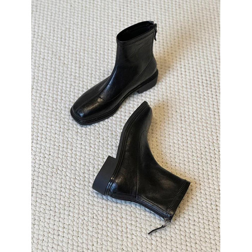 牛皮~真皮復古方頭瘦瘦靴女短靴2025秋冬加絨新款通勤彈力靴軟底