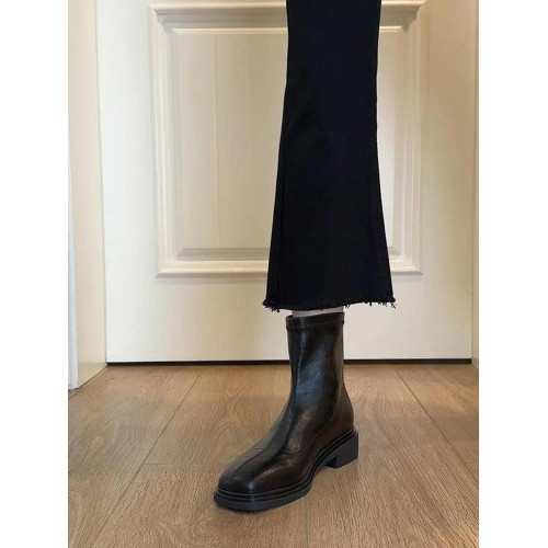 牛皮~真皮復古方頭瘦瘦靴女短靴2025秋冬加絨新款通勤彈力靴軟底