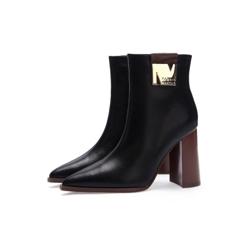 春大東真皮時裝靴女英倫氣質尖頭粗跟短靴冬季拼色加絨百搭馬丁靴