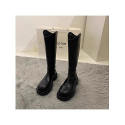 白色v口長筒靴女秋冬季奶茶色高筒靴小個子厚底彈力瘦瘦騎士長靴