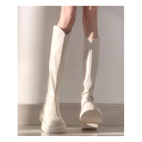 白色v口長筒靴女秋冬季奶茶色高筒靴小個子厚底彈力瘦瘦騎士長靴