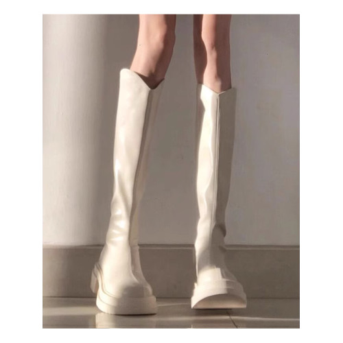 白色v口長筒靴女秋冬季奶茶色高筒靴小個子厚底彈力瘦瘦騎士長靴