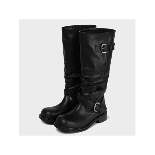 牛皮版~25年新款復古真皮做舊圓頭不過膝皮帶釦粗跟機車靴騎士靴 牛皮版~25年新款復古真皮做舊圓頭不過膝皮帶釦粗跟機車靴騎士靴