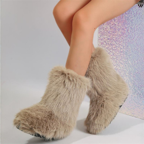 歐美長毛絨中筒靴子女 сапоги plush winter boots women