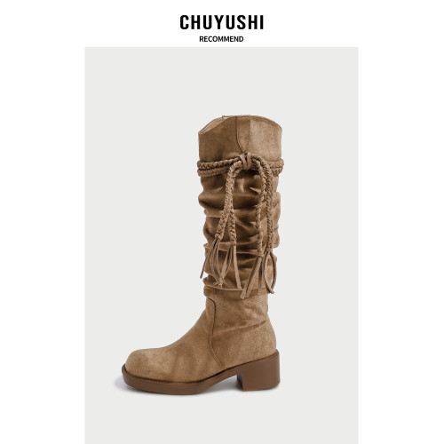 CHUYUSHI 廢土風~長筒靴女復古百搭顯瘦騎士靴絨面堆堆靴高筒靴子