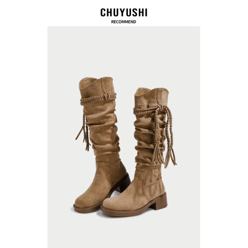 CHUYUSHI 廢土風~長筒靴女復古百搭顯瘦騎士靴絨面堆堆靴高筒靴子