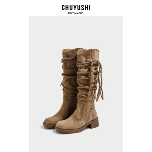 CHUYUSHI 廢土風~長筒靴女復古百搭顯瘦騎士靴絨面堆堆靴高筒靴子