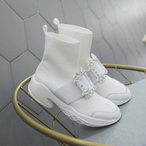 白色襪靴女2026新款冬百搭厚底增高ins網紅瘦瘦靴rv方釦水鑽短靴