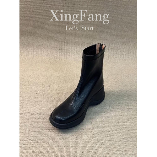 牛皮版~厚底彈力瘦瘦靴女秋冬新款復古黑色增高圓頭馬丁靴子短靴