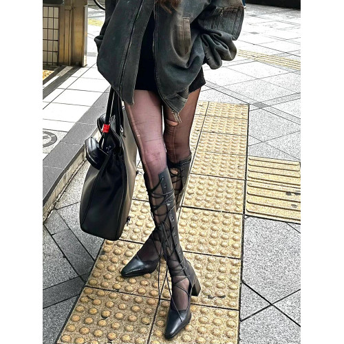 花小姐辣妹鏤空長筒靴女2025春季新款歐美風小衆尖頭綁帶高跟靴子