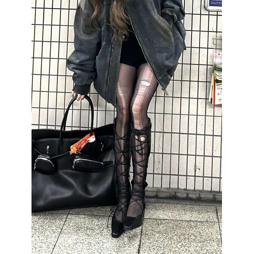 花小姐辣妹鏤空長筒靴女2025春季新款歐美風小衆尖頭綁帶高跟靴子