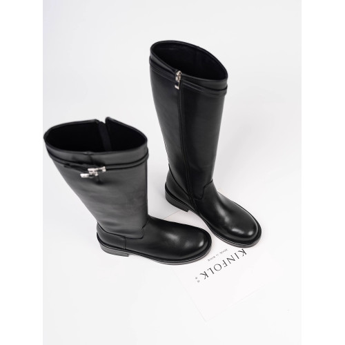 Fermina 秋季顯瘦長靴不過膝騎士靴女低跟長筒靴皮帶釦機車靴高筒