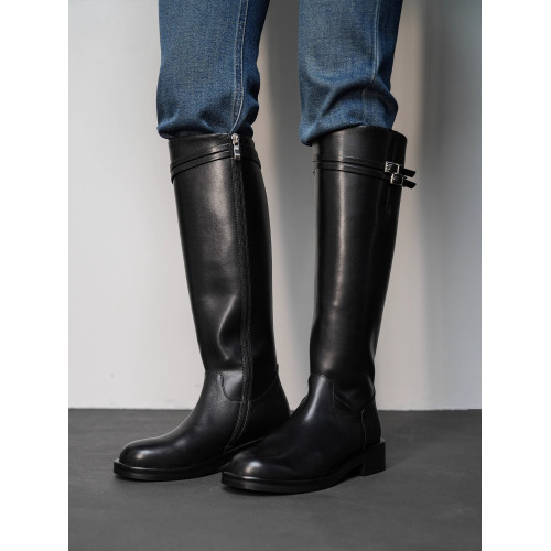 Fermina 秋季顯瘦長靴不過膝騎士靴女低跟長筒靴皮帶釦機車靴高筒