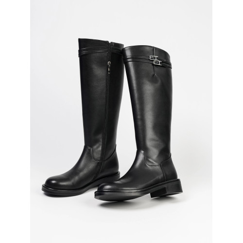 Fermina 秋季顯瘦長靴不過膝騎士靴女低跟長筒靴皮帶釦機車靴高筒