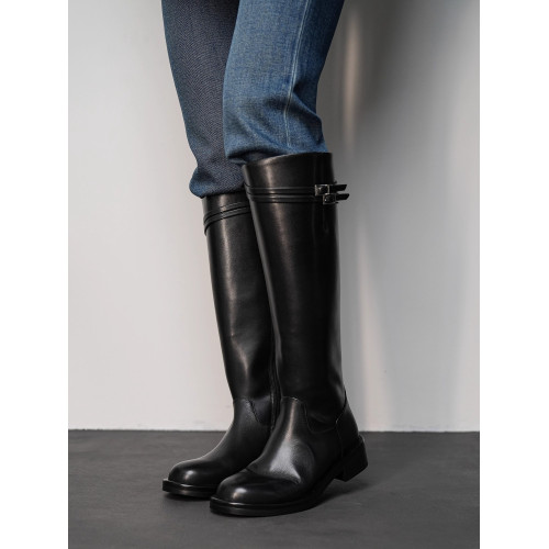 Fermina 秋季顯瘦長靴不過膝騎士靴女低跟長筒靴皮帶釦機車靴高筒