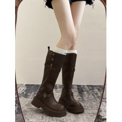 厚底美拉德棕色長筒靴子女2026新款夏秋復古西部牛仔高筒靴騎士靴