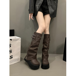 長筒靴女厚底增高2025春秋新款松糕褶皺堆堆褲琯靴小個子高筒長靴