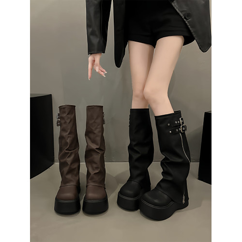 長筒靴女厚底增高2025春秋新款松糕褶皺堆堆褲琯靴小個子高筒長靴