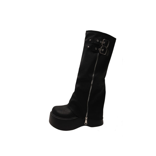 長筒靴女厚底增高2025春秋新款松糕褶皺堆堆褲琯靴小個子高筒長靴