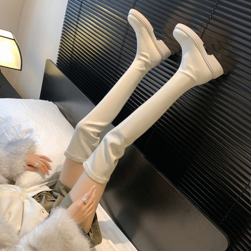 內增高長筒靴女彈力瘦瘦靴過膝長靴顯瘦高筒騎士靴皮面米白色杏色