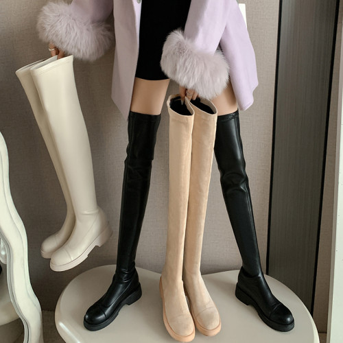 內增高長筒靴女彈力瘦瘦靴過膝長靴顯瘦高筒騎士靴皮面米白色杏色