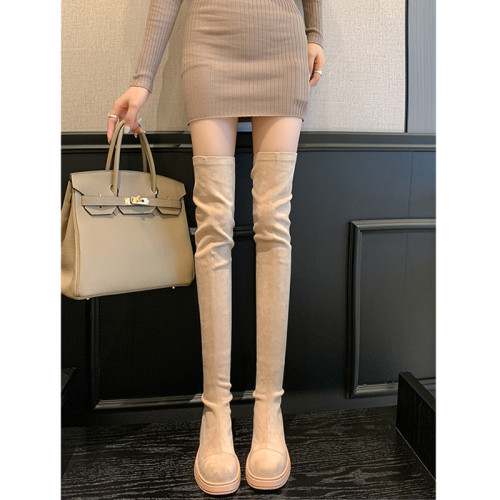 內增高長筒靴女彈力瘦瘦靴過膝長靴顯瘦高筒騎士靴皮面米白色杏色