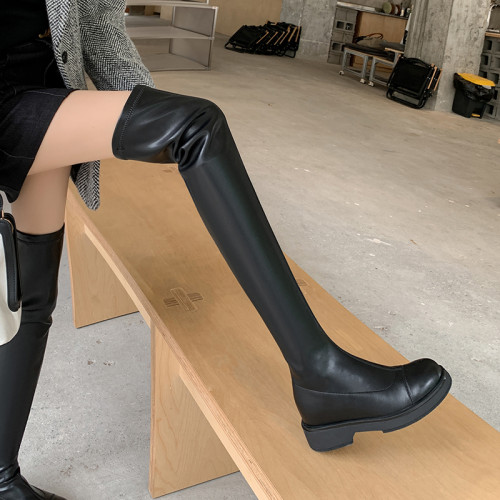 內增高長筒靴女彈力瘦瘦靴過膝長靴顯瘦高筒騎士靴皮面米白色杏色