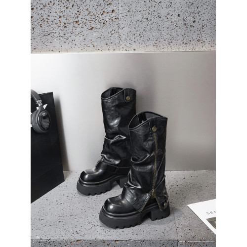 厚底高低兩穿騎士靴女2025秋冬季內增高粗跟套筒堆堆靴長筒褲琯靴