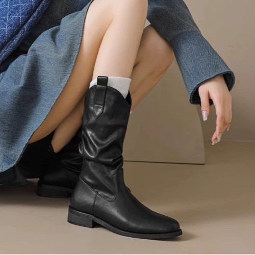 奧萊撤櫃軟皮堆堆靴中筒靴子女秋冬2025新款舒適棕色短靴粗跟皮靴