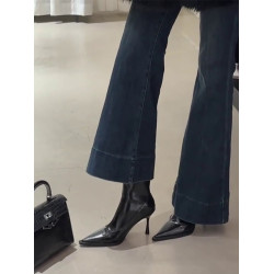 牛皮版！復古黑色尖頭細高跟瘦瘦彈力靴襪靴秋冬加絨性感女短靴