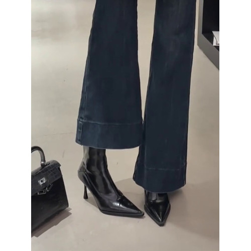 牛皮版!復古黑色尖頭細高跟瘦瘦彈力靴襪靴秋冬加絨性感女短靴 牛皮版!復古黑色尖頭細高跟瘦瘦彈力靴襪靴秋冬加絨性感女短靴